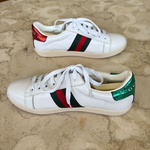 Gucci Ace Leather Sneakers Red/Green/Bee Embroidered - Picture 7 of 13